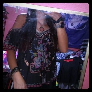 Floral boho geometric blouse off shoulder hippy